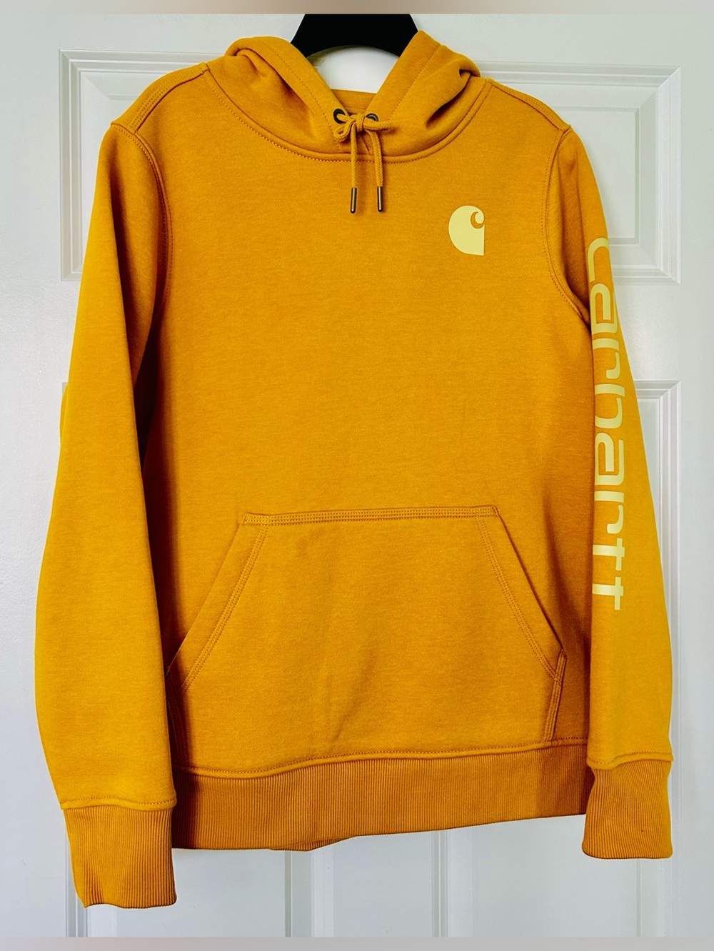 Carhartt Hooded Sweatshirt in Mustard Yellow with Sleeve Logo